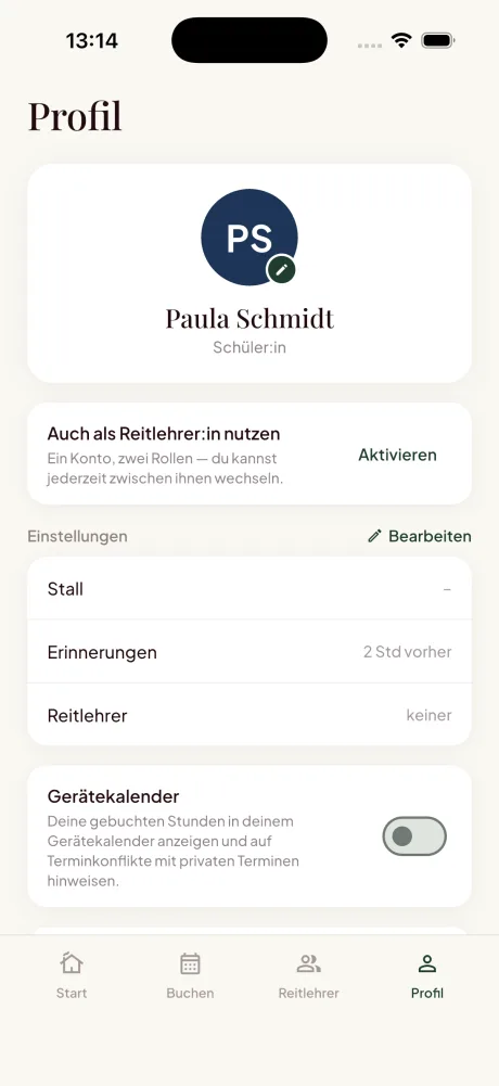 App-Screenshot „Profil“: Option „Auch als Reitlehrer:in nutzen“, Erinnerungen 2 Stunden vorher und Schalter für den Gerätekalender
