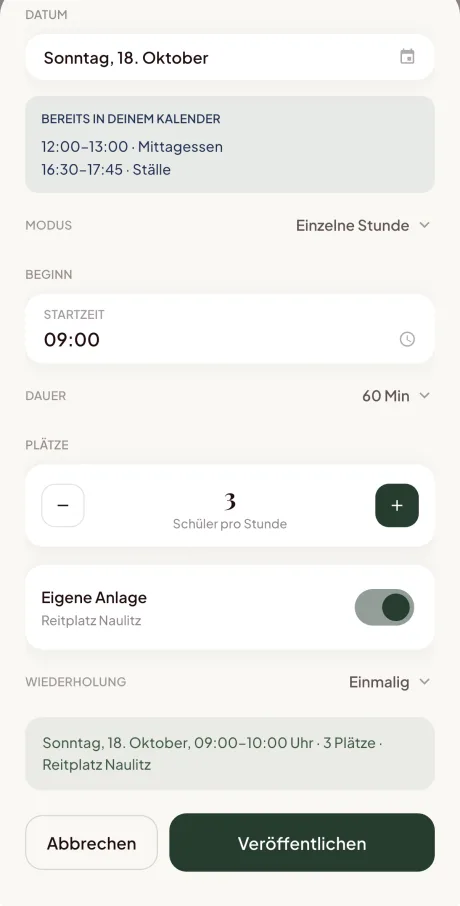 App-Screenshot „Stunde erstellen“: Datum, Hinweis „Bereits in deinem Kalender“, Modus, Startzeit, Dauer, 3 Schüler pro Stunde, Wiederholung und Button „Veröffentlichen“